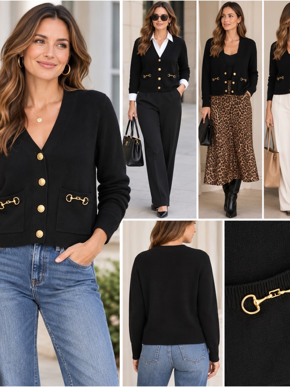 LOFT Black V-Neck Cardigan with Gold Hardware
